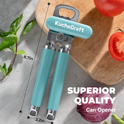  Can Opener Manual, Heavy Duty Handheld Can Opener With Stainless Steel Sharp Blade, Hand Can Opener With Ergonomic Hand Grip And Larger Turning Knob, Built In Bottle Opener(Blue)