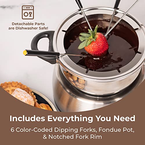  Nostalgia 6-Cup Stainless Steel Electric Fondue Pot Set With Temperature Control, 6 Color-Coded Forks, And Removable Pot - Fondue Pot For Chocolate, Candy Melts, Caramel, Cheese, Sauces, And More