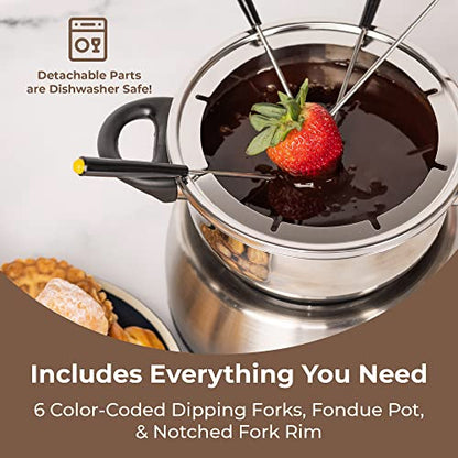 Nostalgia 6-Cup Stainless Steel Electric Fondue Pot Set With Temperature Control, 6 Color-Coded Forks, And Removable Pot - Fondue Pot For Chocolate, Candy Melts, Caramel, Cheese, Sauces, And More