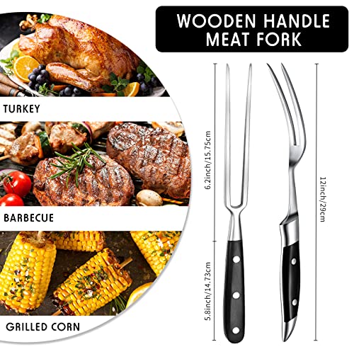  Arving Fork Meat Fork 2 Pieces Christmas Stainless Steel Serving Fork Cooking Fork With Wood Handle Classic Grill Fork With ABS Handle Xmas Black Kitchen Forks Barbecue BBQ Fork Carving Set, 12 Inch