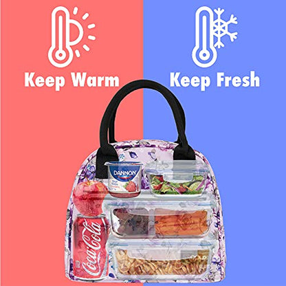  PUX Insulated Lunch Box Women, Lunch Bag Tote Girls Kids Teen Adult, Cute Soft Lunch Cooler Container Work School, Reusable Thermal Food Meal Prep Organizer Lunch Pail Travel Beach, Floral Purple