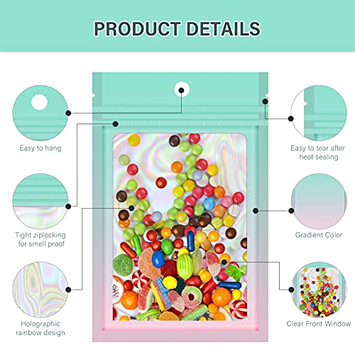  100 Pieces Resealable Mylar Ziplock Bags, Holographic Gradient Bags With Clear Window, Packaging Pouch Party Bags Sample Bags (Green&Pink, 3.5x4.7 Inch)