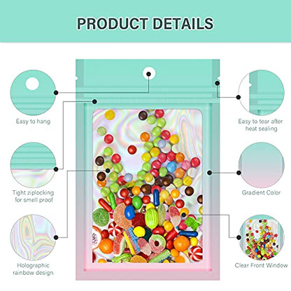  100 Pieces Resealable Mylar Ziplock Bags, Holographic Gradient Bags With Clear Window, Packaging Pouch Party Bags Sample Bags (Green&Pink, 3.5x4.7 Inch)