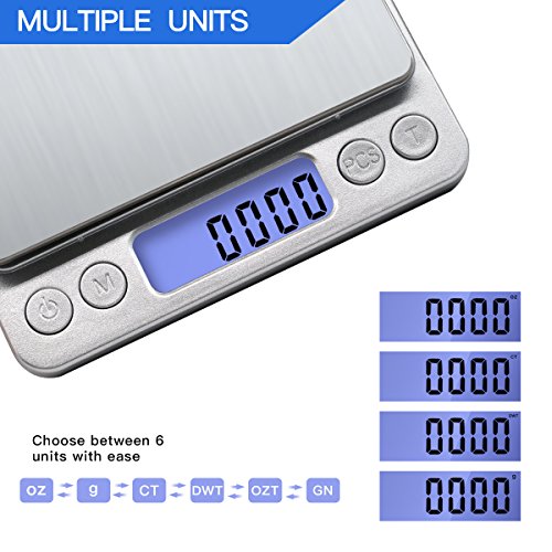  500G/0.01G Digital Kitchen Scale - Tare & PCS Function, 6 Units, Back-Lit LCD, Pocket-Size, Battery Powered - Silver