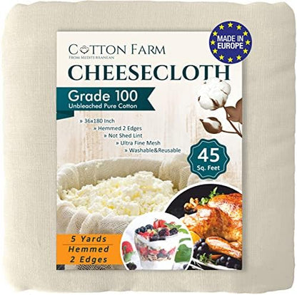  Otton Farm Cheesecloth, Grade 100 - XL; 9* - 18-45 Square Feet (36x36 Inch), 100% Natural Unbleached Cotton, Food Grade