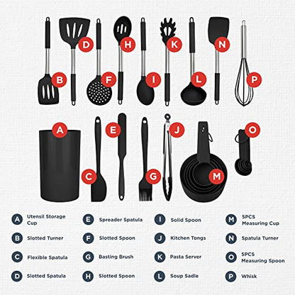  24-Piece Black Stainless Steel & Silicone Cooking Utensil Set, Heat-Resistant Cooking Utensils, Non-Scratching Kitchen Cooking Utensils, Includes A Bonus Recipe E-Book