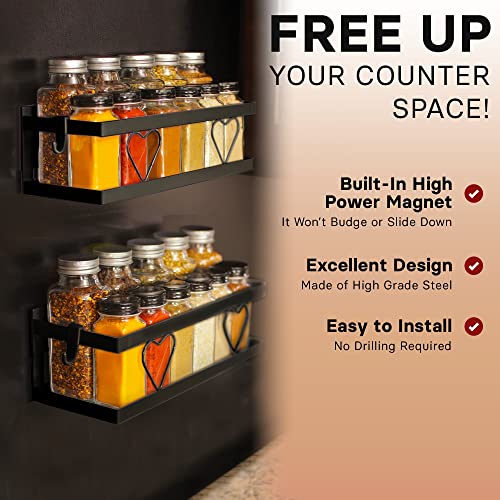  Magnetic Spice Rack, Large Black (2-Pack) - Magnetic Shelf For Spice Storage, Magnetic Spice Rack For Refrigerator, Oven, Etc. | Premium Magnetic Fridge Organizer - Spice Organizer With Free Hooks