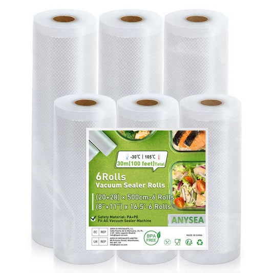  Anysea Vacuum Sealer Bags Rolls: 3 Packs 8" X16.5' And 3 Packs 11" X16.5' Food Sealer Saver Bags, Freezer Bags, Great For Vac Storage Or Sous Vide Cooking