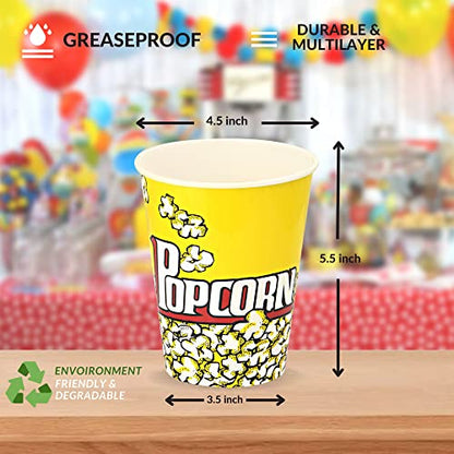  [25 Pack] 32 Oz Paper Popcorn Buckets – Leak-proof Disposable Popcorn Containers – Sturdy & Large Popcorn Cups Disposable For Movie Night, Carnivals, Theme Party Decorations (25)