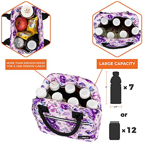  PUX Insulated Lunch Box Women, Lunch Bag Tote Girls Kids Teen Adult, Cute Soft Lunch Cooler Container Work School, Reusable Thermal Food Meal Prep Organizer Lunch Pail Travel Beach, Floral Purple