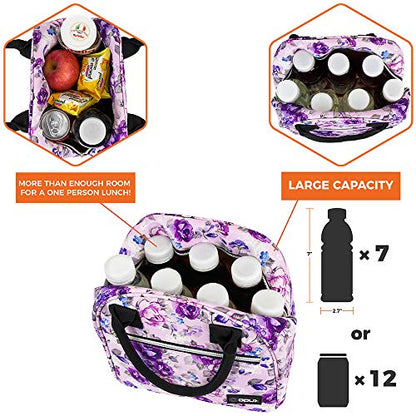  PUX Insulated Lunch Box Women, Lunch Bag Tote Girls Kids Teen Adult, Cute Soft Lunch Cooler Container Work School, Reusable Thermal Food Meal Prep Organizer Lunch Pail Travel Beach, Floral Purple