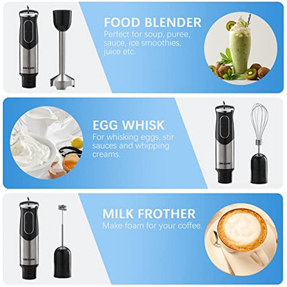  Immersion Hand Blender, 3-in-1 Blender Stick,9-Speed Electric Hand Blender With Egg Whisk, Milk Frother Attachments, 304 Stainless Steel Emulsion Blender With 500W Powerful Motor For Baby Food, Smoothies,Soup,Sauce