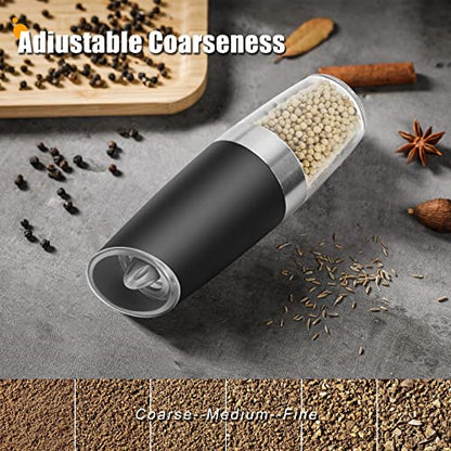  Electric Salt And Pepper Grinder Set, Automatic Gravity Salt And Pepper Mill With Adjustable Coarseness, Salt And Pepper Shakers Battery Powered With LED Light, One Hand Operation