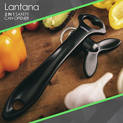  2 In 1 Safety Manual Can Opener (Smooth Edge) & Bottle Opener - Black/Stainless Steel