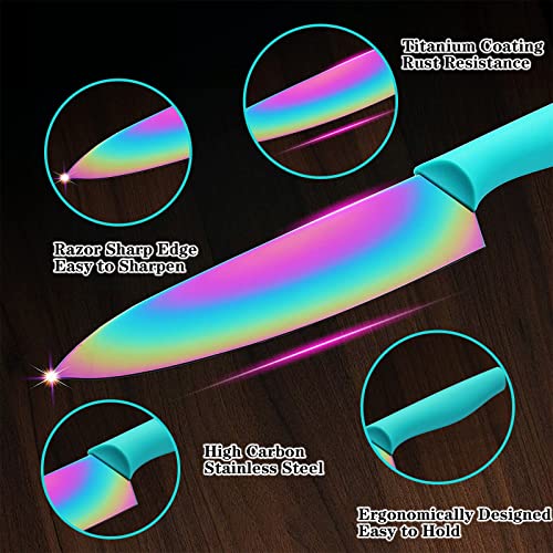  DISHWASHER SAFE Kitchen Knife Set, Marco Almond® KYA37 12-Piece Rainbow Titanium Stainless Steel Boxed Knives Set For Kitchen With Sheath, 6 Knives With 6 Blade Guards, Teal