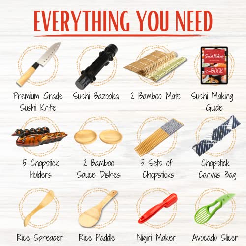  Sushi Making Kit - Premium Kanpeki Living 22 Piece Sushi Set With Chef Knife, Bamboo Mat, Bazooka Roller, Rice Mold Rice Paddle And Spreader Chopsticks EBook DIY Sushi Maker Kit For Beginners And Pros