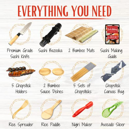  Sushi Making Kit - Premium Kanpeki Living 22 Piece Sushi Set With Chef Knife, Bamboo Mat, Bazooka Roller, Rice Mold Rice Paddle And Spreader Chopsticks EBook DIY Sushi Maker Kit For Beginners And Pros