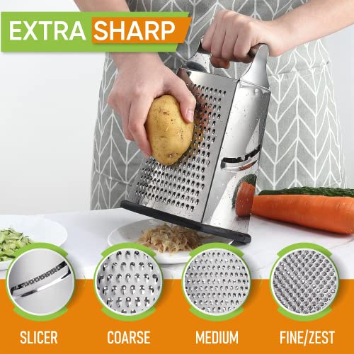  Professional Box Grater, 100% Stainless Steel With 4 Sides, Best For Parmesan Cheese, Vegetables, Ginger, XL Size