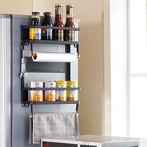  Jolitac Magnetic Fridge Spice Rack- Space Saving Organizer Black Shelf On Refrigerator, Kitchen Paper Towel Holder, Foldable Design (Black-Large)