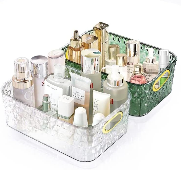  2 Pack Open Compartment Clear Plastic Organizer, Rectangular Makeup And Vanity Storage Bin And Pantry Caddy With Pass-Through Handles For Bathroom Kitchen Refrigerator Organizers And Storage