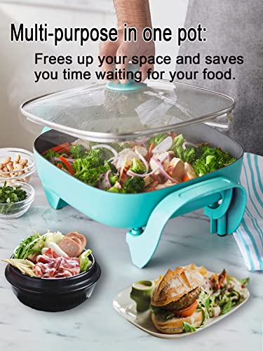  Electric Skillet Ceramic Nonstick 5QT - 12" Square With Glass Lid, Adjustable Temperature Control, Dishwasher Safe, Turquoise, Nozaya