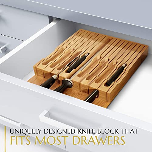  Knife Drawer Organizer Insert For 16 Knives And Knife Sharpener (17” X 11.5” X 2”) In-Drawer Knife Block Without Knives, Easy And Safe Storage - Durable Natural Bamboo