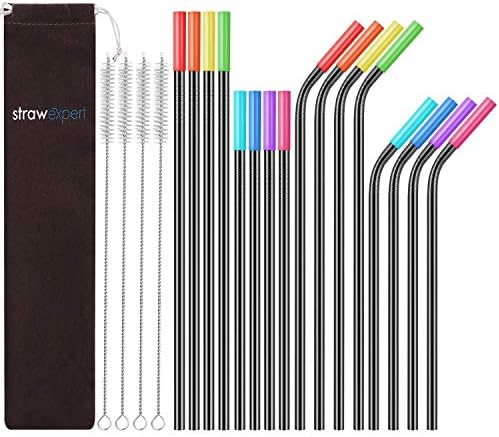  Set Of 16 Reusable Stainless Steel Straws With Travel Case Cleaning Brush Silicone Tips Eco Friendly Extra Long Metal Straws Drinking For 20 24 30 Oz Tumbler