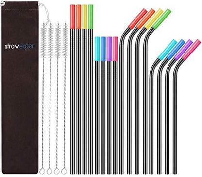  Set Of 16 Reusable Stainless Steel Straws With Travel Case Cleaning Brush Silicone Tips Eco Friendly Extra Long Metal Straws Drinking For 20 24 30 Oz Tumbler