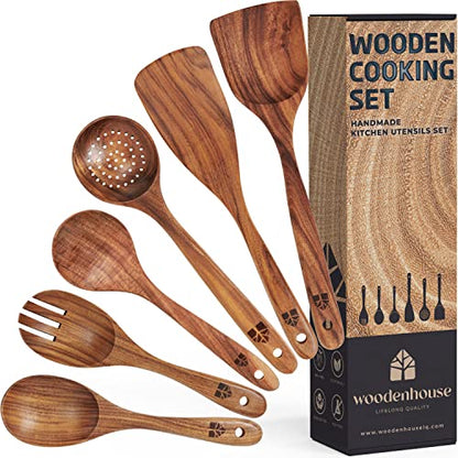 Ooden Spoons For Cooking -Wooden Kitchen Utensils Set, 6 Pcs Teak Wood Utensil Set - Comfortable Grip Non-Stick Wooden Cooking Utensils - Nonstick Natural And Healthy Kitchen Cookware