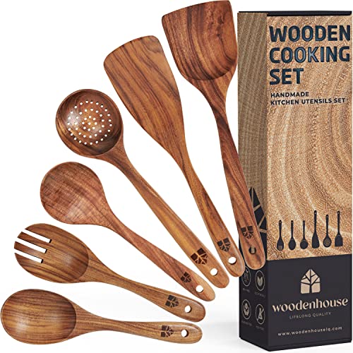  Ooden Spoons For Cooking -Wooden Kitchen Utensils Set, 6 Pcs Teak Wood Utensil Set - Comfortable Grip Non-Stick Wooden Cooking Utensils - Nonstick Natural And Healthy Kitchen Cookware