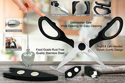  Kitchen Scissors With Magnetic Holder & Tea Infuser - Ultra Sharp Strong Durable - 100% Rust Proof - Soft Grip