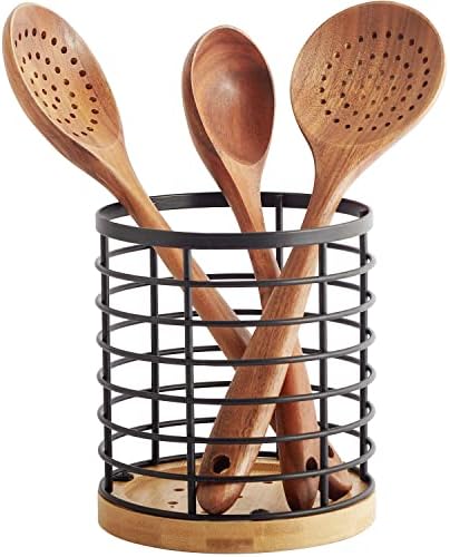  Utensil Holder For Kitchen Counter - 5.2" X 5.2" X 6" Large Round Utensils Holder With Wooden Base Matte Black Cooking Utensil Holder，Kitchen Countertop Utensil Organizer (Metal+Bamboo)