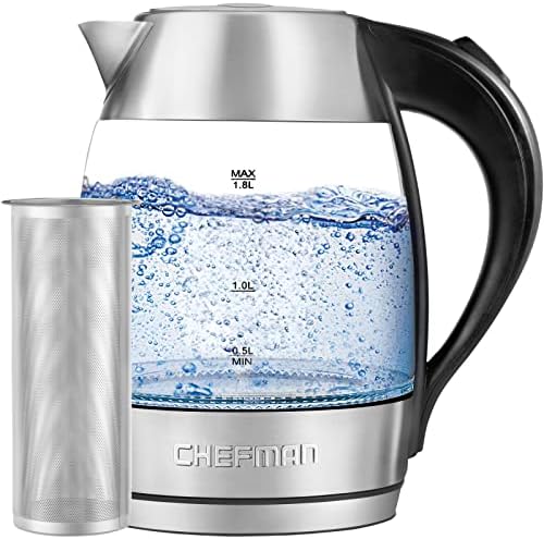  Electric Glass Kettle, Fast Boiling W/ LED Lights, Auto Shutoff & Boil Dry Protection, Cordless Pouring, BPA Free, Removable Tea Infuser, 1.8 Liters, Stainless Steel