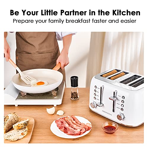 REDMOND Toaster 4 Slice, Retro Stainless Steel Toaster With Extra Wide Slots Bagel, Defrost, Reheat Function, Dual Independent Control Panel, Removable Crumb Tray, 6 Shade Settings And High Lift Lever, White, New Version