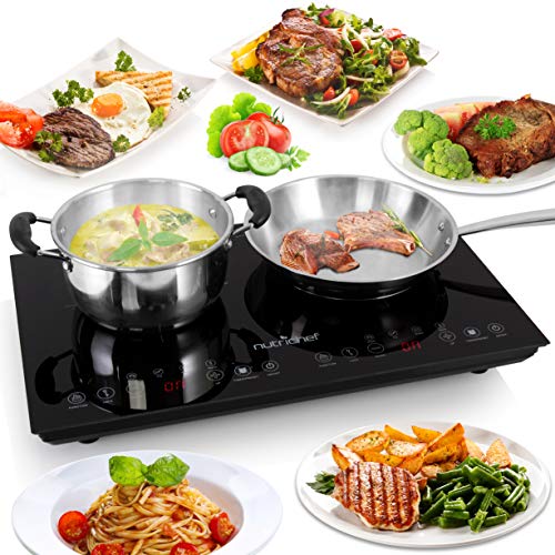  Dual 120V Electric Induction Cooker - 1800w Portable Digital Ceramic Countertop Double Burner Cooktop W/ Kids Safety Lock - Works W/ Stainless Steel Pan / Magnetic Cookware - NutriChef AZPKSTIND48