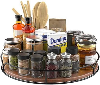  Lazy Susan Turntable Organizer For Cabinet Pantry Kitchen Countertop Refrigerator Cupboard, Pine Wood, 9", Carbonized Black