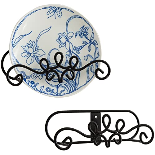  Wall Mounted Collectible Plate Display Holder Rack With Vintage Black Metal Decorative Scrollwork Design, Set Of 2