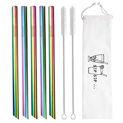  5 Pcs 10" Reusable Boba Straws & Smoothie Straws - Rainbow Colors & Angled Tips, 0.5" Wide Stainless Steel Straws, Metal Straws For Bubble Tea, Milkshakes, Jumbo Drinks | 2 Cleanning Brushes & 1 Case
