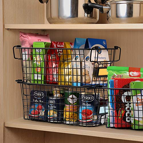  4 Pack [ XL Large ] STACKABLE Wire Baskets For Organizing - Pantry Storage And Organization Metal Bins For Produce, Food, Fruit - Kitchen Bathroom Closet Cabinet, Countertop, Under Sink Organizer