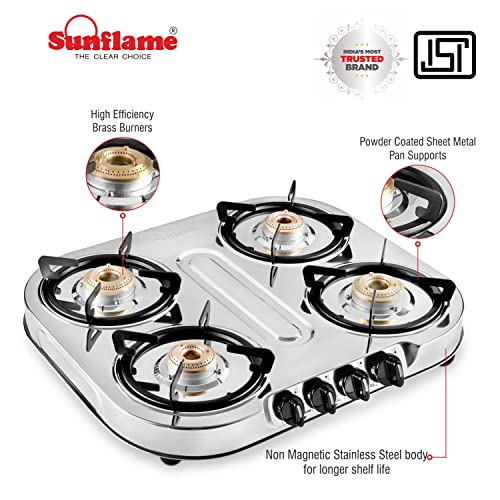  Sunflame 4 Burner Gas Stove With 2 Year Warranty, Stainless Steel Body, Manual Ignition, 4 Brass Burners (GT 4B OPTRA) Silver