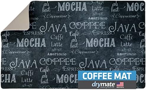  Coffee Maker Mat, (Coffee Station Bar Accessory) Protects Kitchen Countertops From Spills, Stains & Scratches - Absorbent/Waterproof/Machine Washable (USA Made) (12” X 20”) (Java Chalkboard)