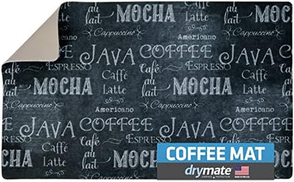  Coffee Maker Mat, (Coffee Station Bar Accessory) Protects Kitchen Countertops From Spills, Stains & Scratches - Absorbent/Waterproof/Machine Washable (USA Made) (12” X 20”) (Java Chalkboard)