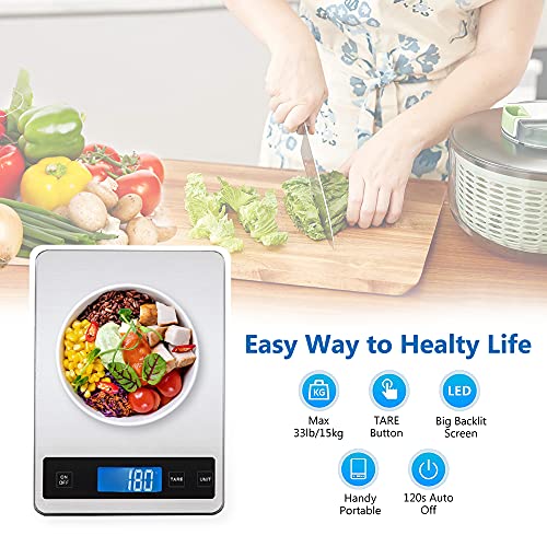  Digital Food Scale 33LB/15KG High Capacity, Accurate Weighing, Stainless Steel Electronic Kitchen Scale (Cooking/Baking/Meat/Coffee).