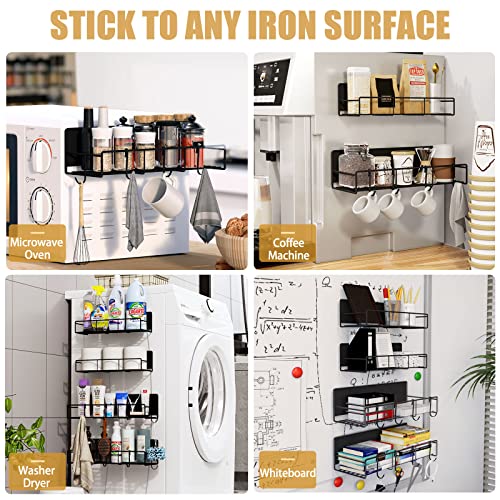  Lunememo Magnetic Spice Rack For Refrigerator, 4 Pack Magnetic Fridge Shelf With 8 Hooks, Strong Magnet & No Drilling, Black