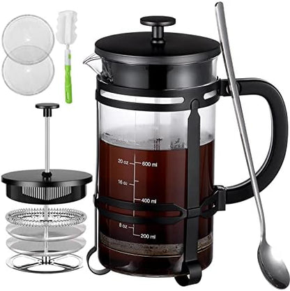  French Press Coffee Maker (34 Oz) With 4 Filters - 304 Durable Stainless Steel, Heat Resistant Borosilicate Glass Coffee Press, BPA （include 1 Cleaning Brush,1 Spoon And 2 Spare Filter Screen）