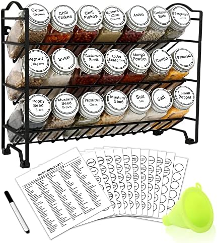  SWOMMOLY Spice Rack Organizer With 32 Empty Square Glass Spice Jars, 386 White Spice Labels With Chalk Marker And Funnel Complete Set, Seasoning Organizer For Countertop, Cabinet Or Wall Mount