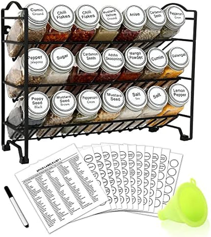  SWOMMOLY Spice Rack Organizer With 32 Empty Square Glass Spice Jars, 386 White Spice Labels With Chalk Marker And Funnel Complete Set, Seasoning Organizer For Countertop, Cabinet Or Wall Mount