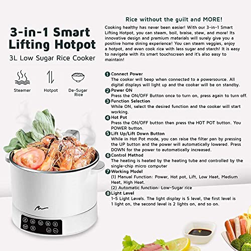  Long Lasting 3L Premium Smart Lifting Electric Hot Pot Electric Shabu Shabu 800W Food Grade Stainless Steel, Low Sugar Cooker Steamer / 3L For Rice Shabu Shabu Noodles Soup Ramen Measuring Cup, Steaming Basket (Green)