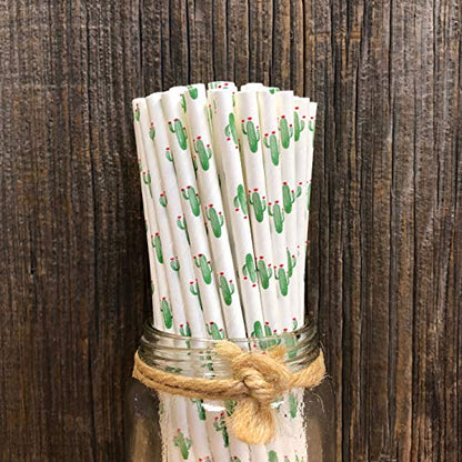  Cactus Themed Paper Straws - Green White Succulents - 100 Pack