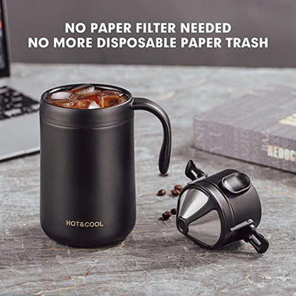  16oz Camping Coffee Maker Pour Over Coffee Maker Set With Stainless Steel Coffee Mug + Collapsible Pour Over Coffee Filter - For Travel Camping Offices Backpacking